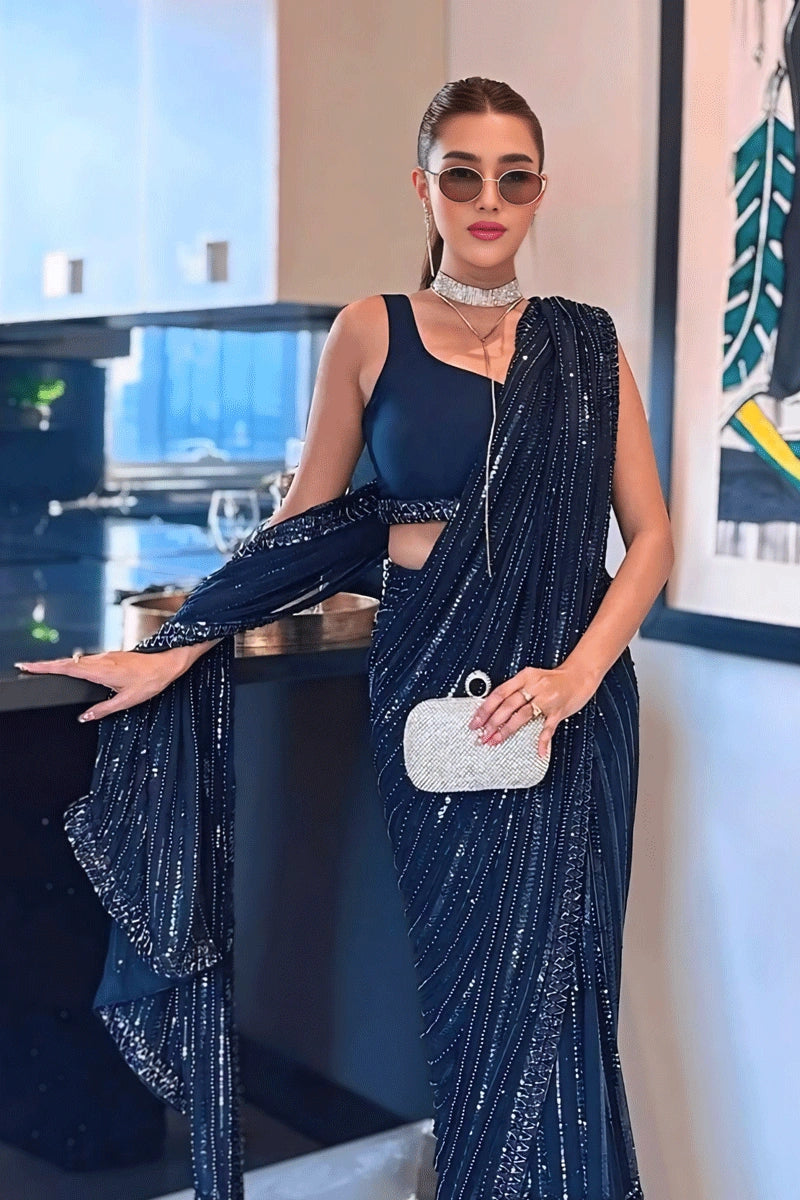 Navy Blue Saree With Blouse 