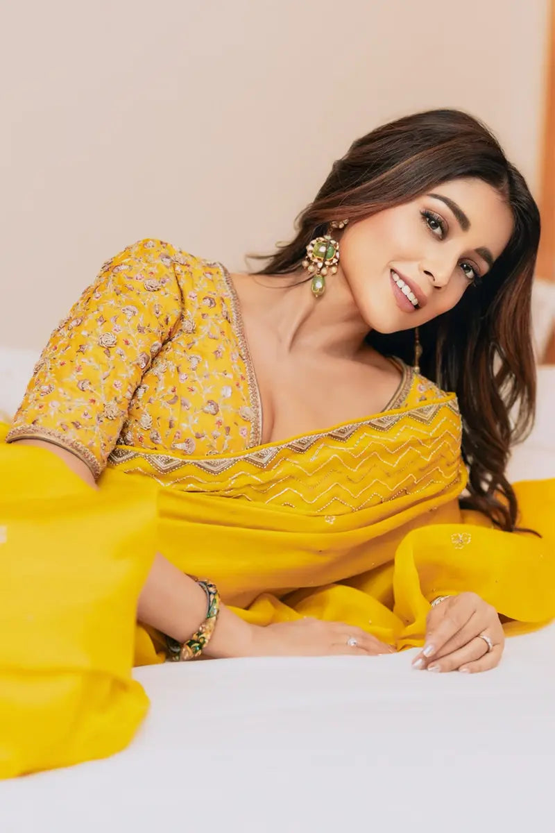 Bollywood Actress Shriya Saran Yellow Saree