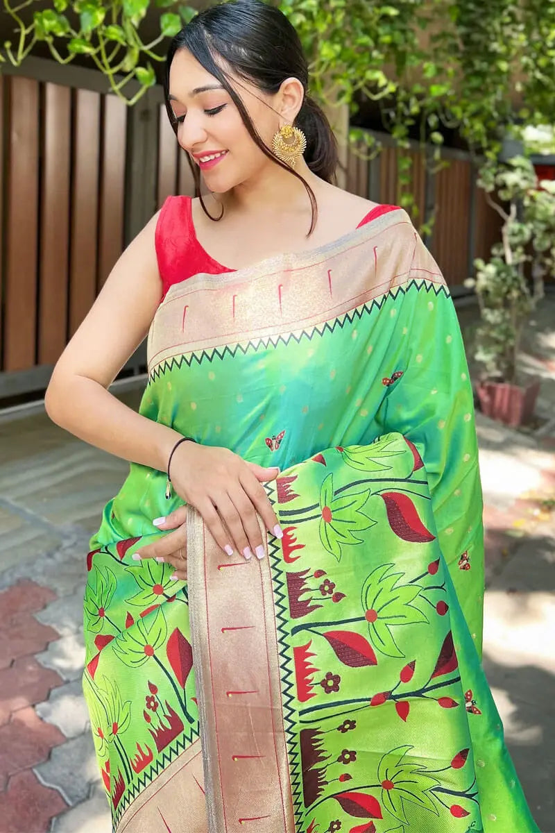 Parrot Green Colour Paithani Saree 2024