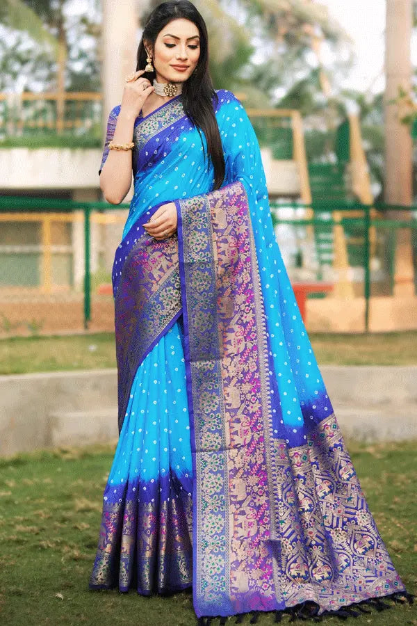 Sky Blue Bandhani Saree Latest Design For Girls