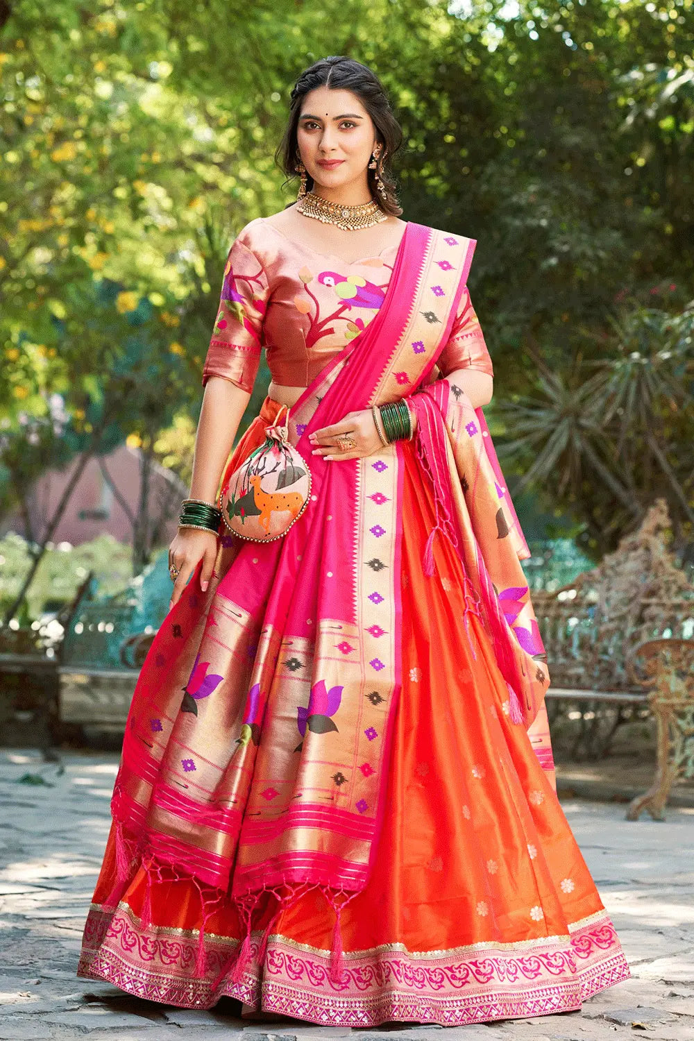 Marathi Style Paithani Silk Orange And Pink Half Saree