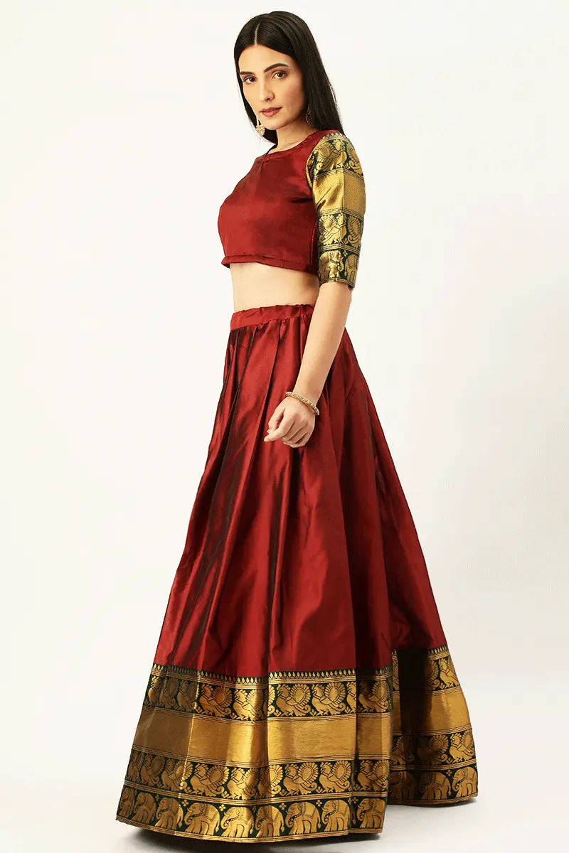 Red Color Half Saree Trendy Design With Green Color Dupatta