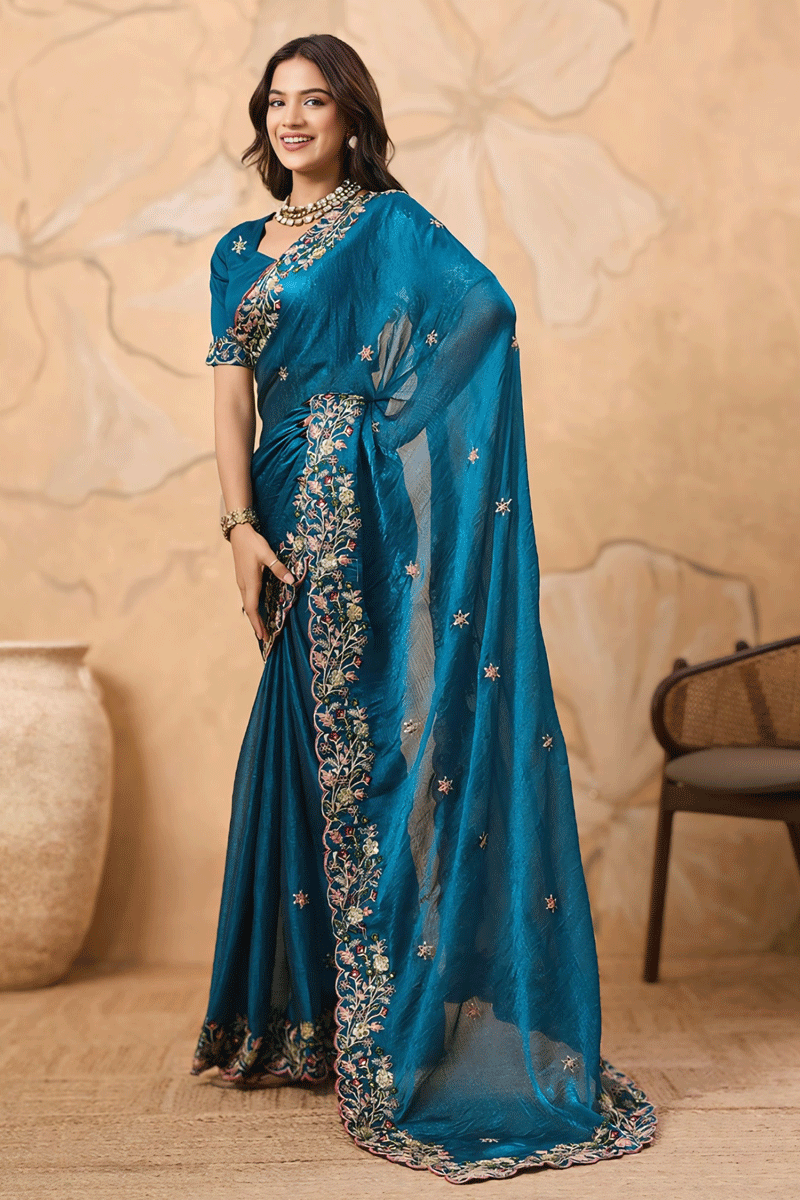 Teal Colour Designer Saree For Farewell