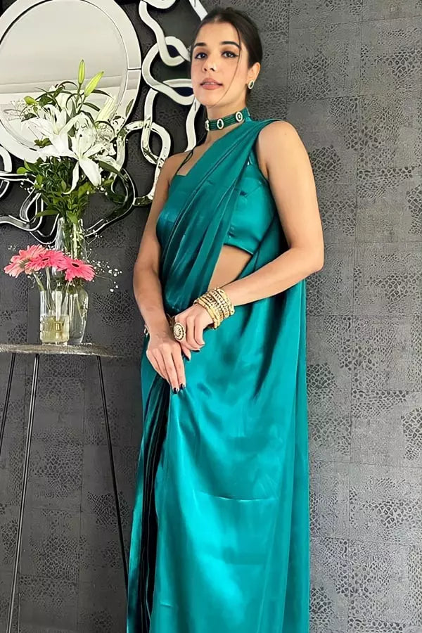 Teal Japan Plain Satin Silk Sarees Online Shopping