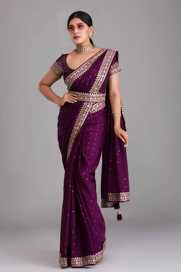 Designer Silk Saree Simple Thread Work Blouse Designs - Anaya Designer Studio