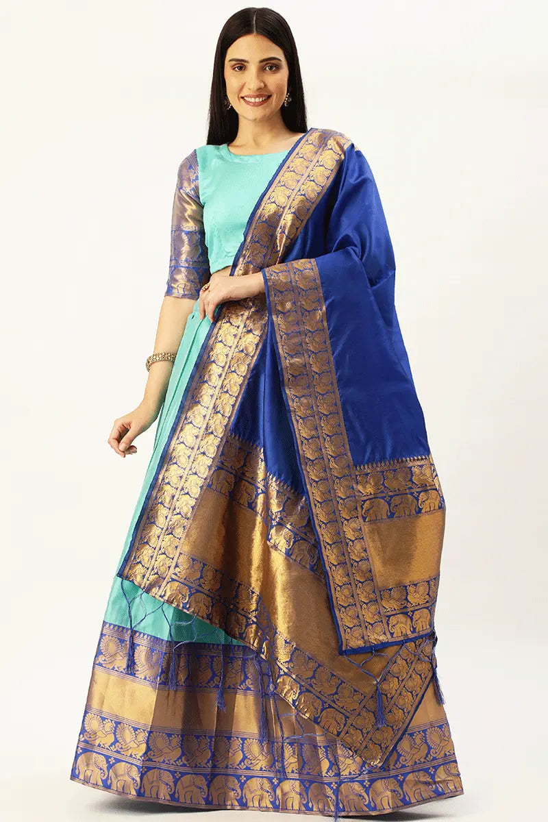 Traditional Sky Blue Half Saree For Engagement