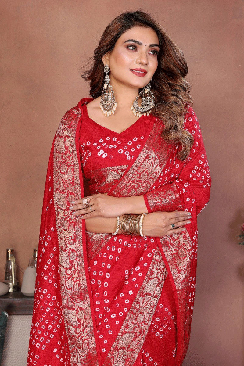 Red Bandhani Print Saree for Durga Pooja