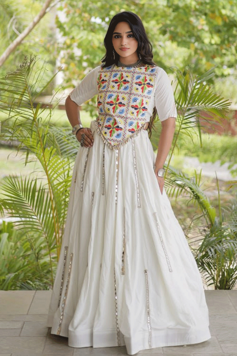 Traditional White Mirror Work Lehenga Choli