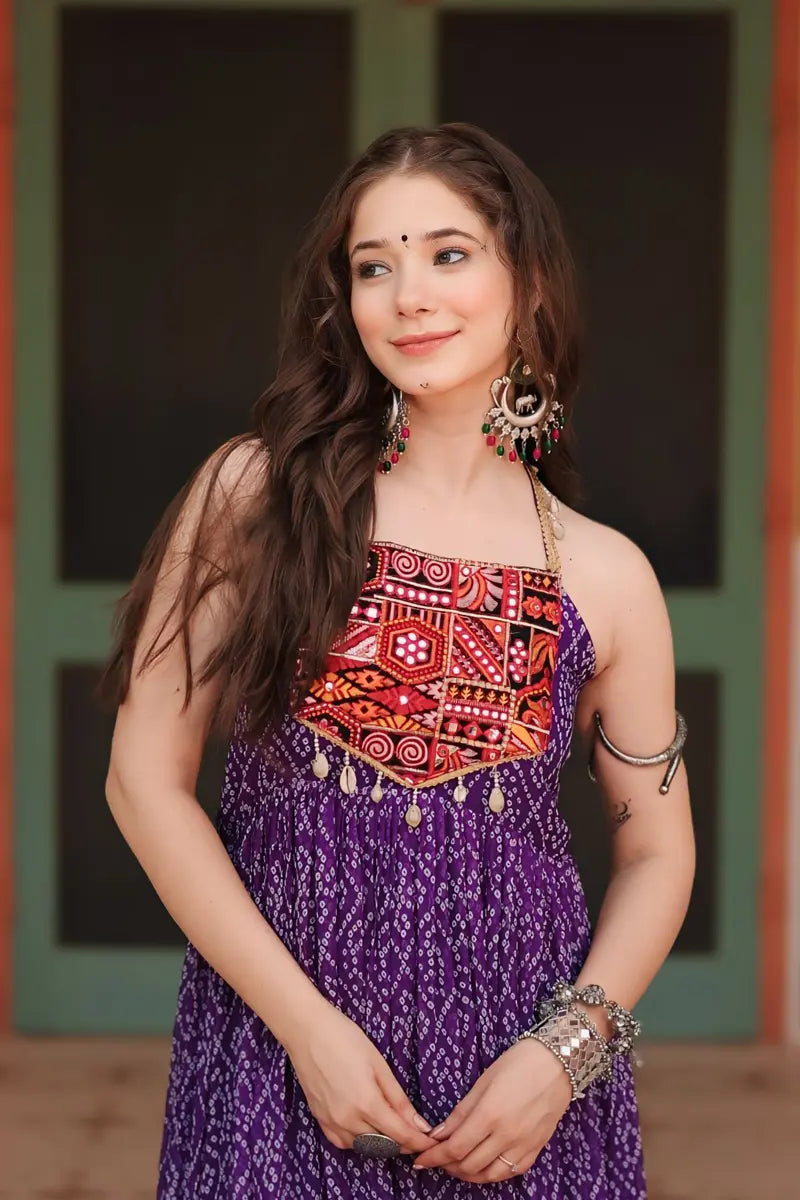 Traditional bandhani print purple gown for navratri