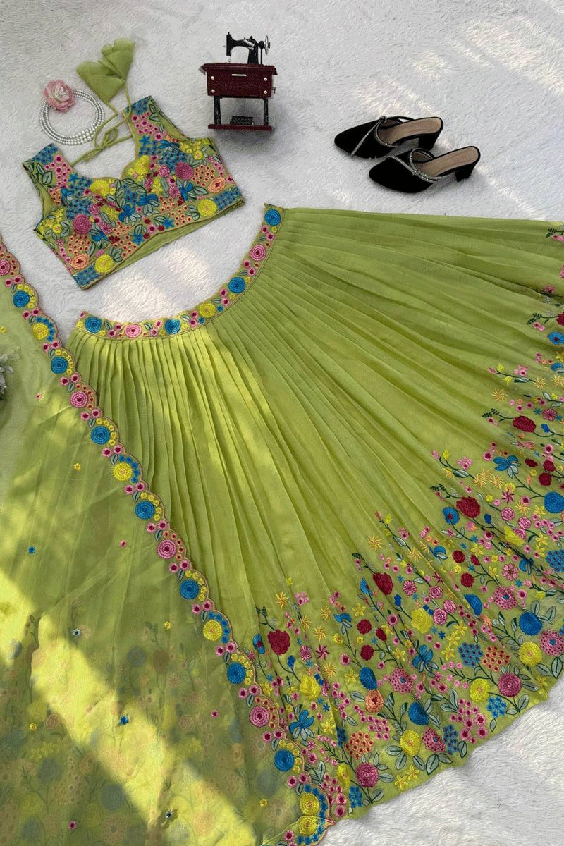 Trendy Green Organza Lehenga for Haldi Wear