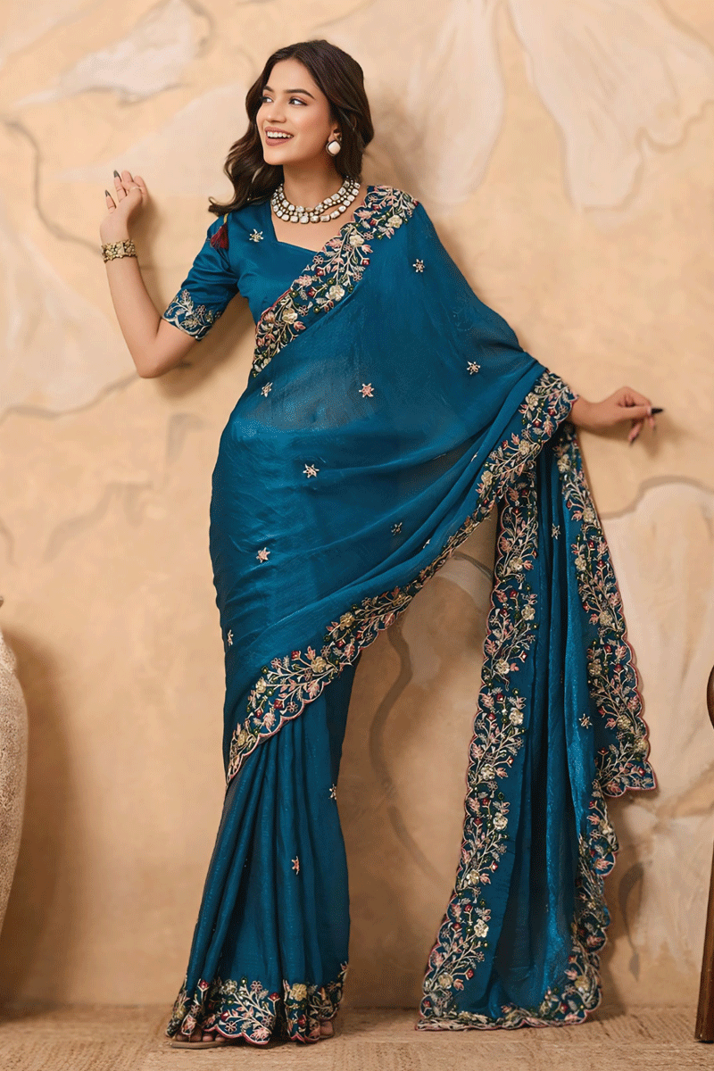 Teal Colour Designer Saree For Farewell