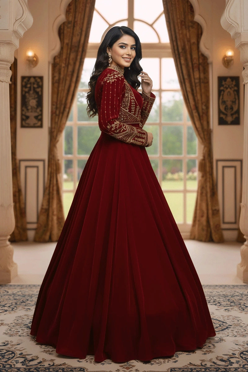 Dark red velvet Anarkali gown