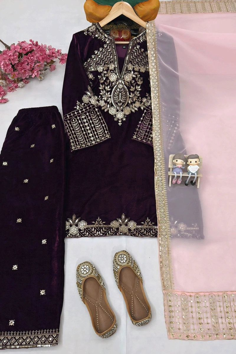 Velvet Party Wear Suit with Embroidery Work