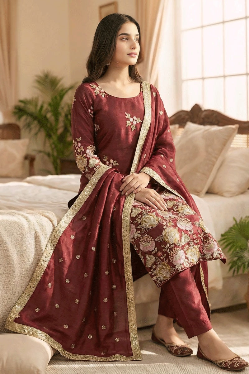 Maroon Embroidery Dress
