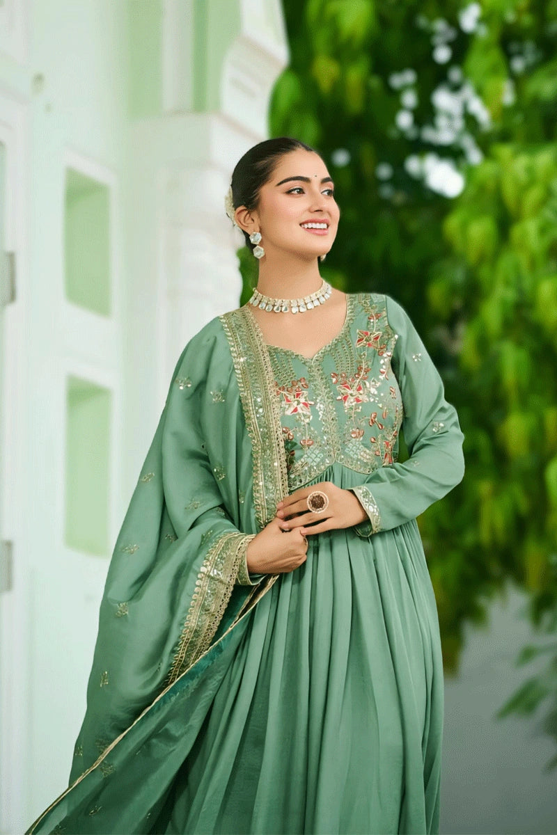 Wedding Wear Pista Color Anarkali Single Layer Gown