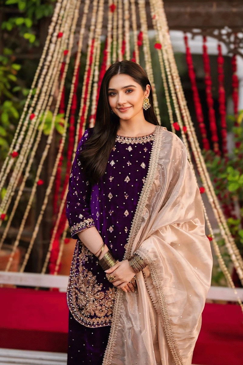 Purple velvet plazzo suit