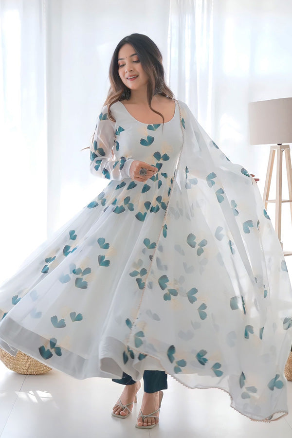 White Printed Gown For Girl