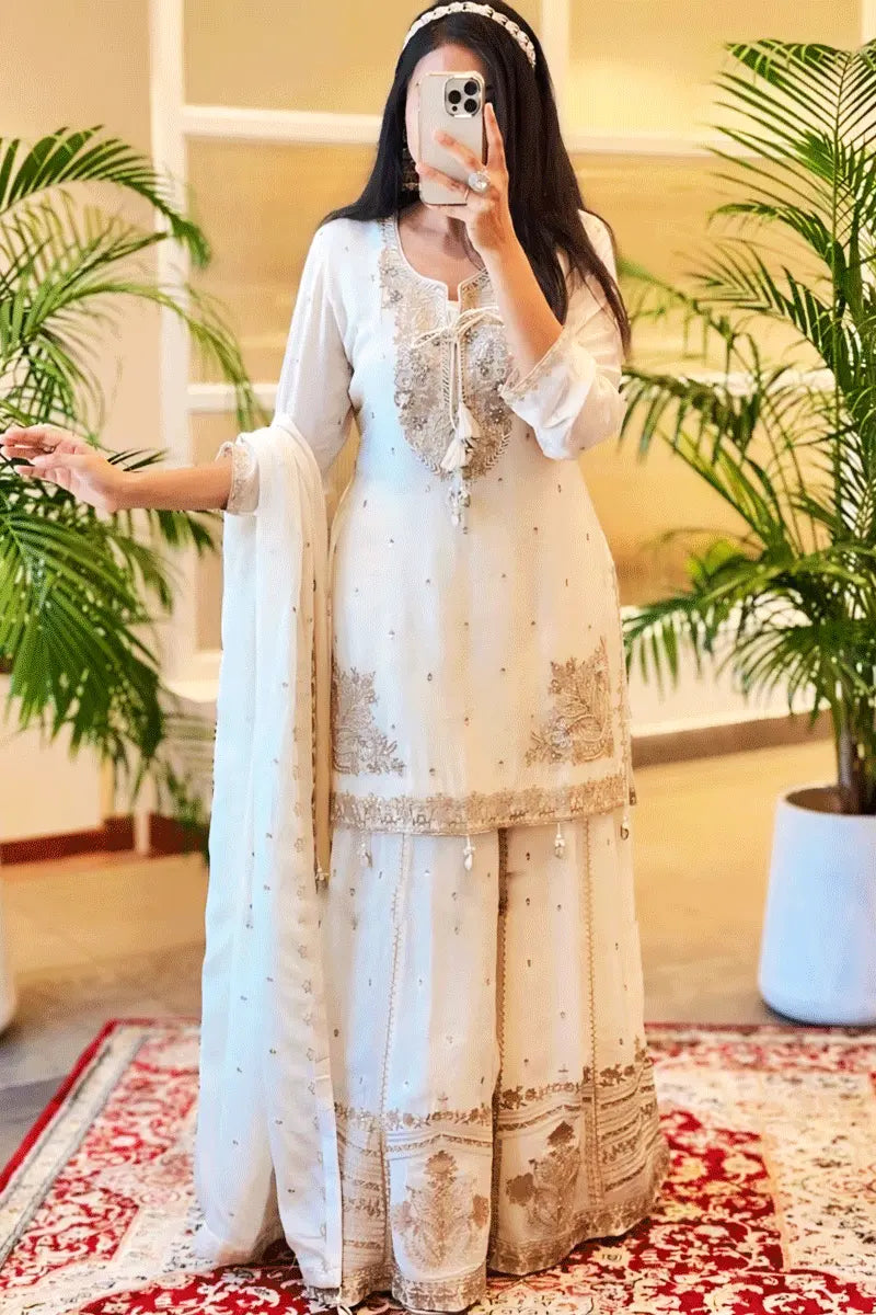 White Color Heavy Sharara Suit For Wedding Party 2024