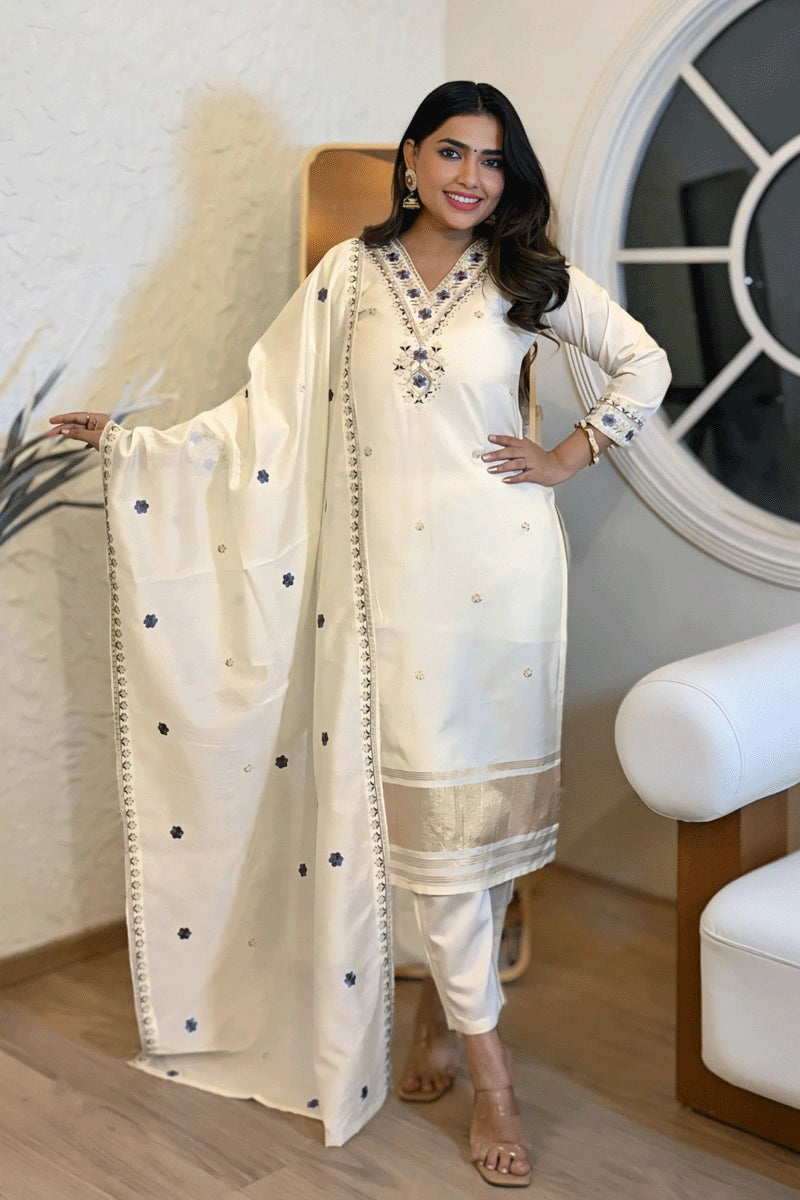 White Color Embroidery Suit for Wedding Guest