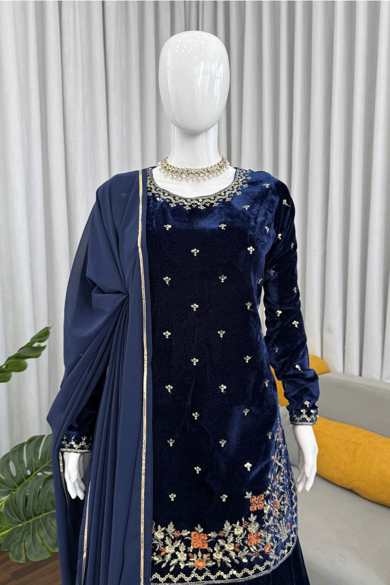 Winter Festive Navy Blue Velvet Suit for Women