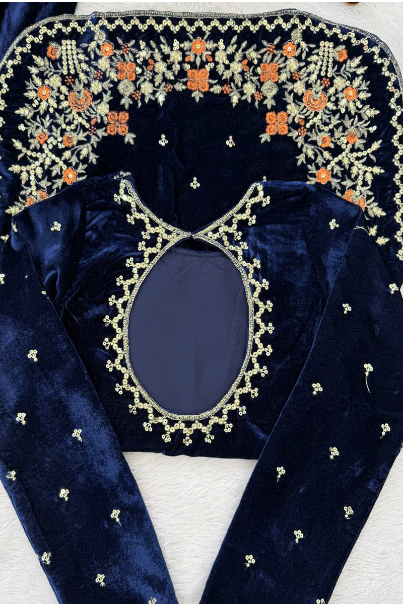 Winter Ready Navy Blue Velvet Embroidery Suit