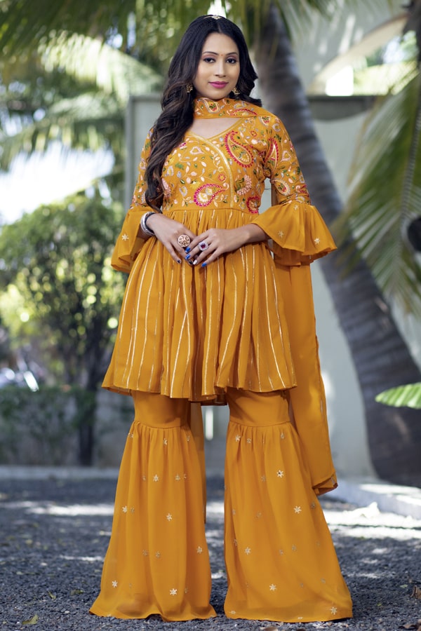 Yellow Sharara Suit Design For Haldi Function