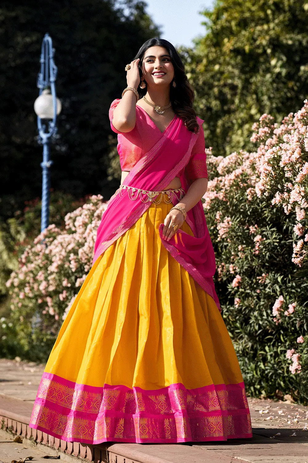 Kanchipuram Yellow And Pink Half Saree