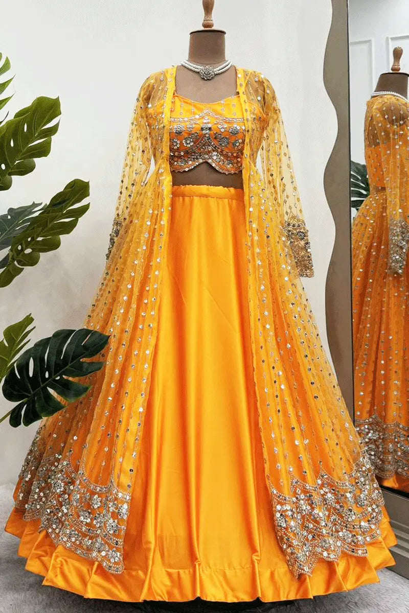 Yellow Color Crop Top Lehenga With Koti