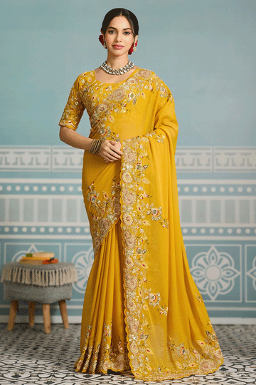 Embroidery Work Yellow Saree For Haldi Function