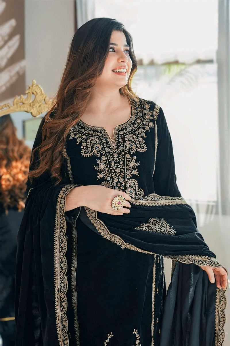 Embroidery Work All Black Dress For Wedding