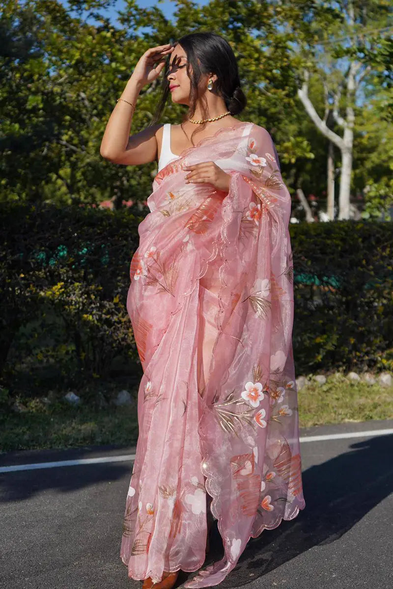 baby pink organza saree