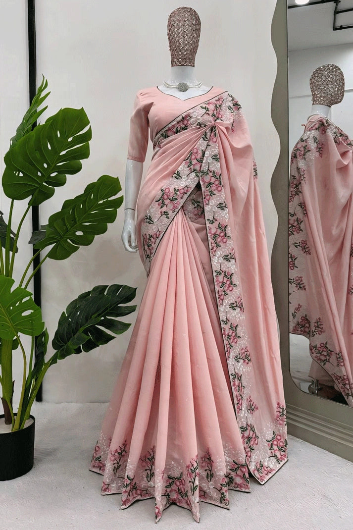 baby pinkflower border saree for wedding