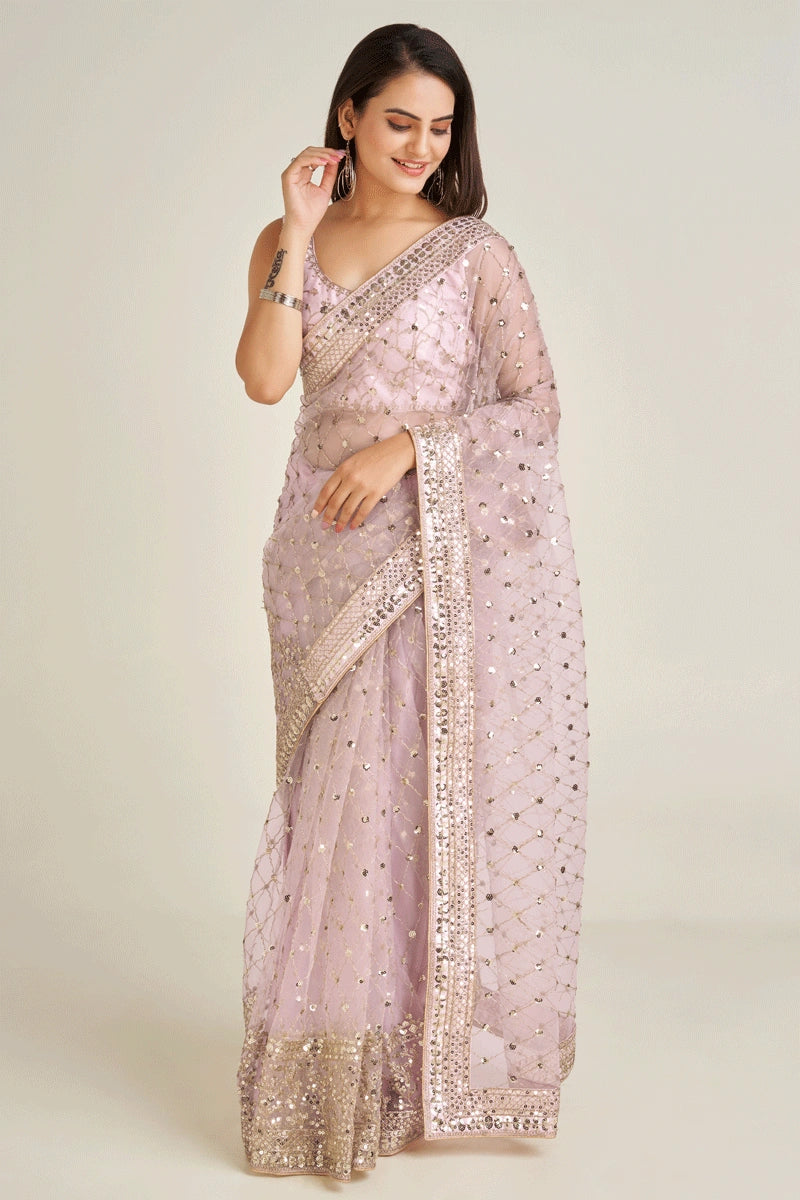 baby pink net fabric saree for reception