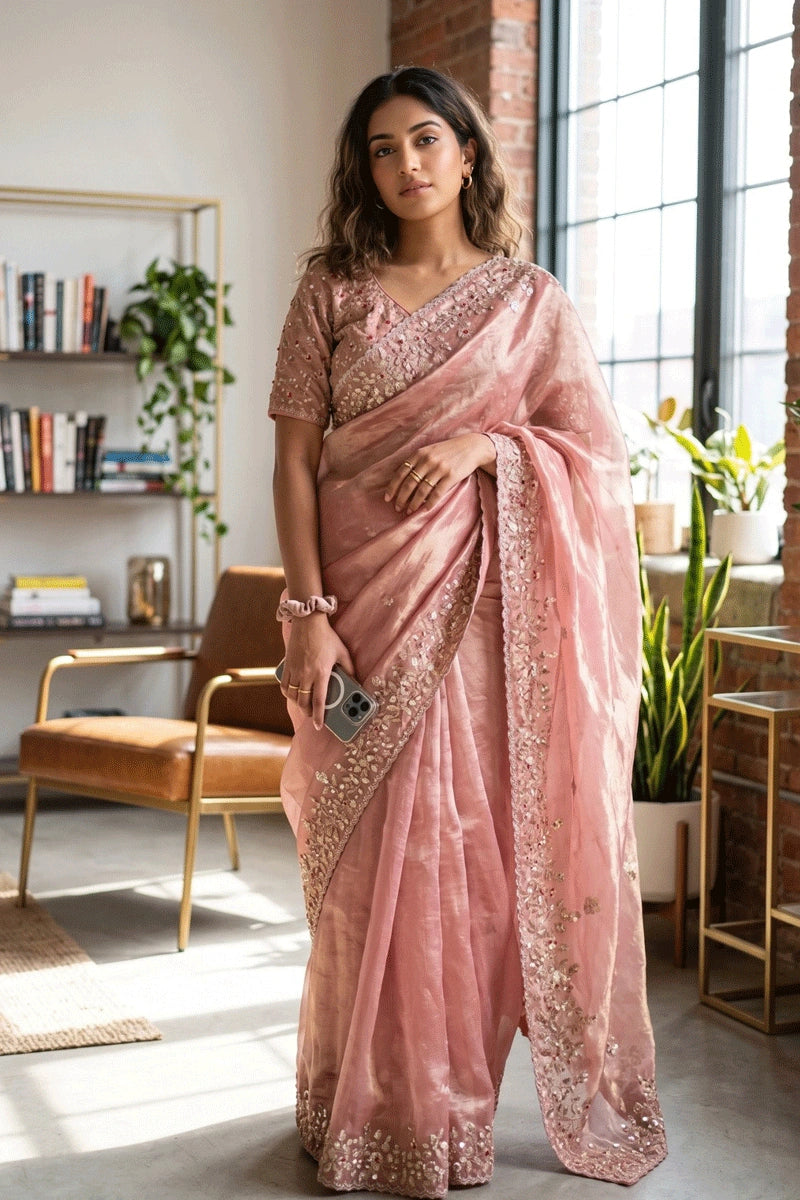 baby pink satin silk saree