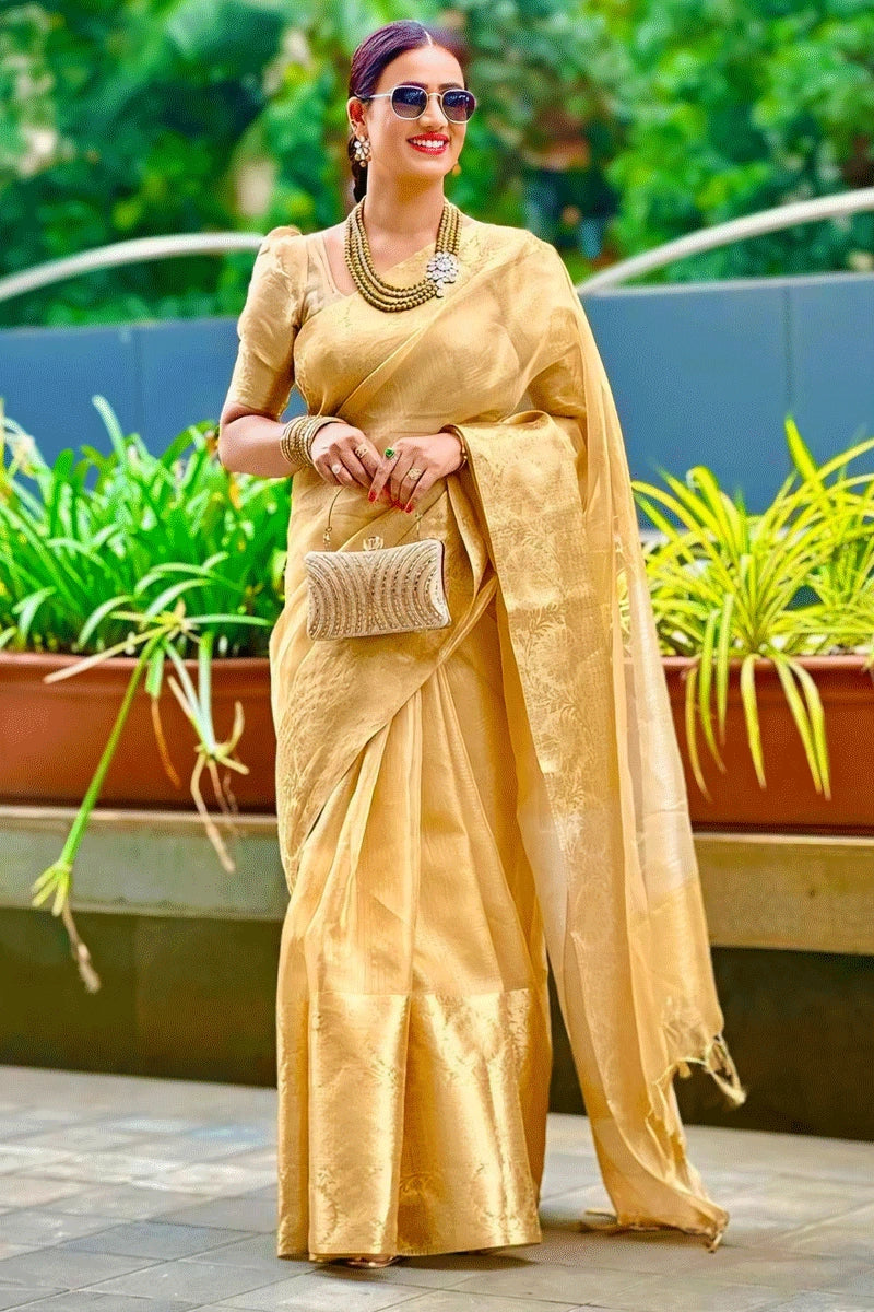 banarasi golden saree for onam