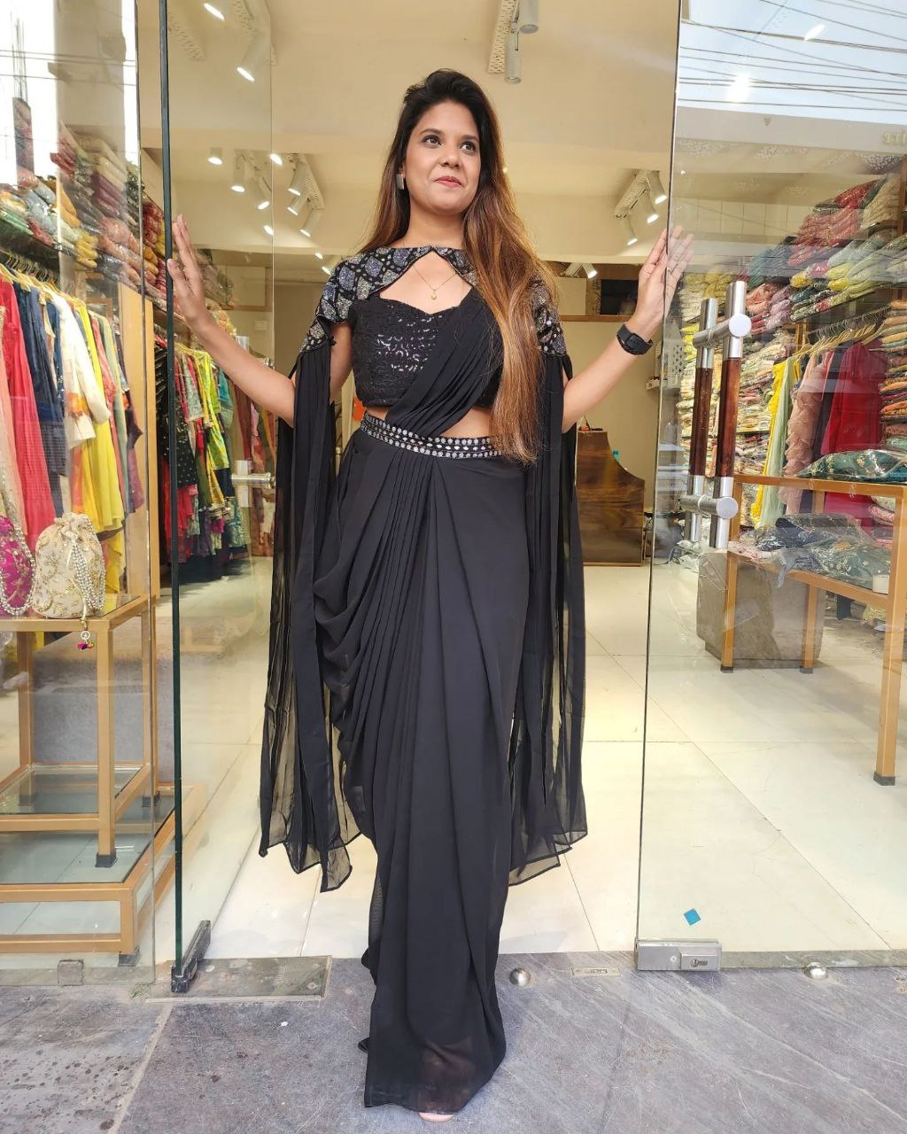 Black Jacket style Saree With A Belt For Girls - Anaya Designer Studio