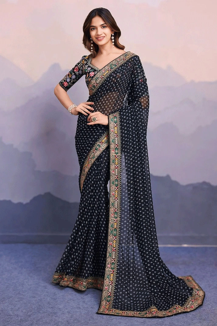 Soft Georgette Bandhani Saree Design For Karwa Chauth