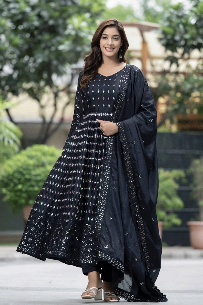 Silk Fabric Full Pair Black Anarkali Gown With Dupatta For Diwali - Anaya Designer Studio Black / M Silk Fabric Full Pair Black Anarkali Gown With Dupatta For Diwali - Anaya Designer Studio Black / M