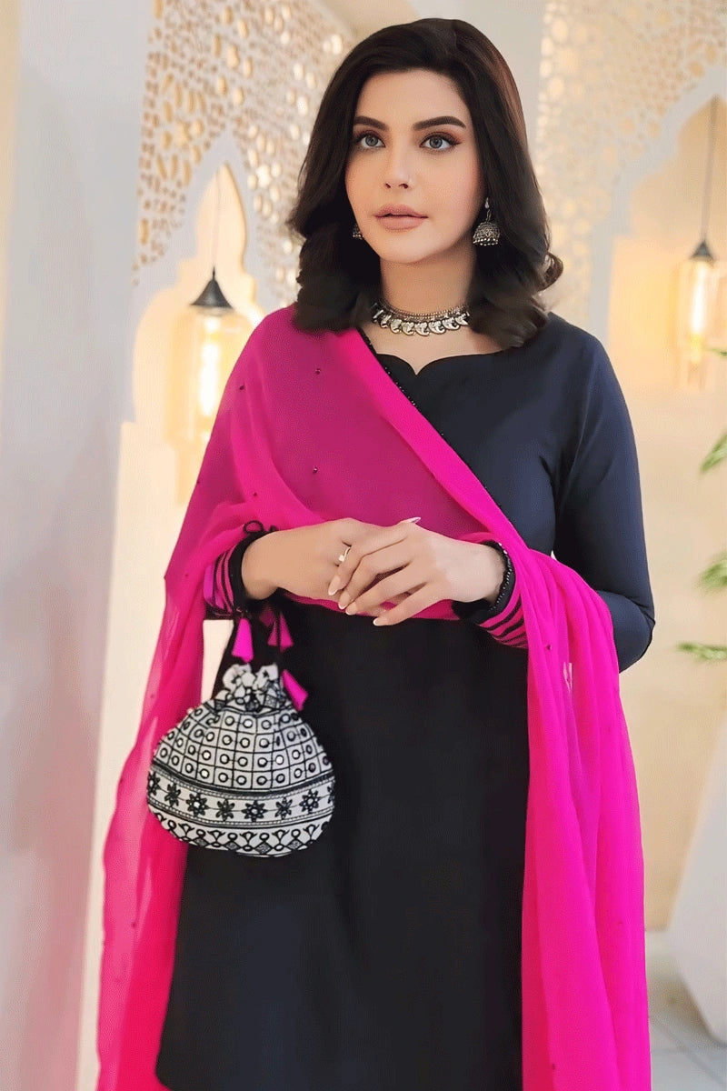 black dress with pink dupatta Pink Dupatta Black Long Dress With Dupatta Black Anarkali With Pink Dupatta Black Pink Satin Georgette