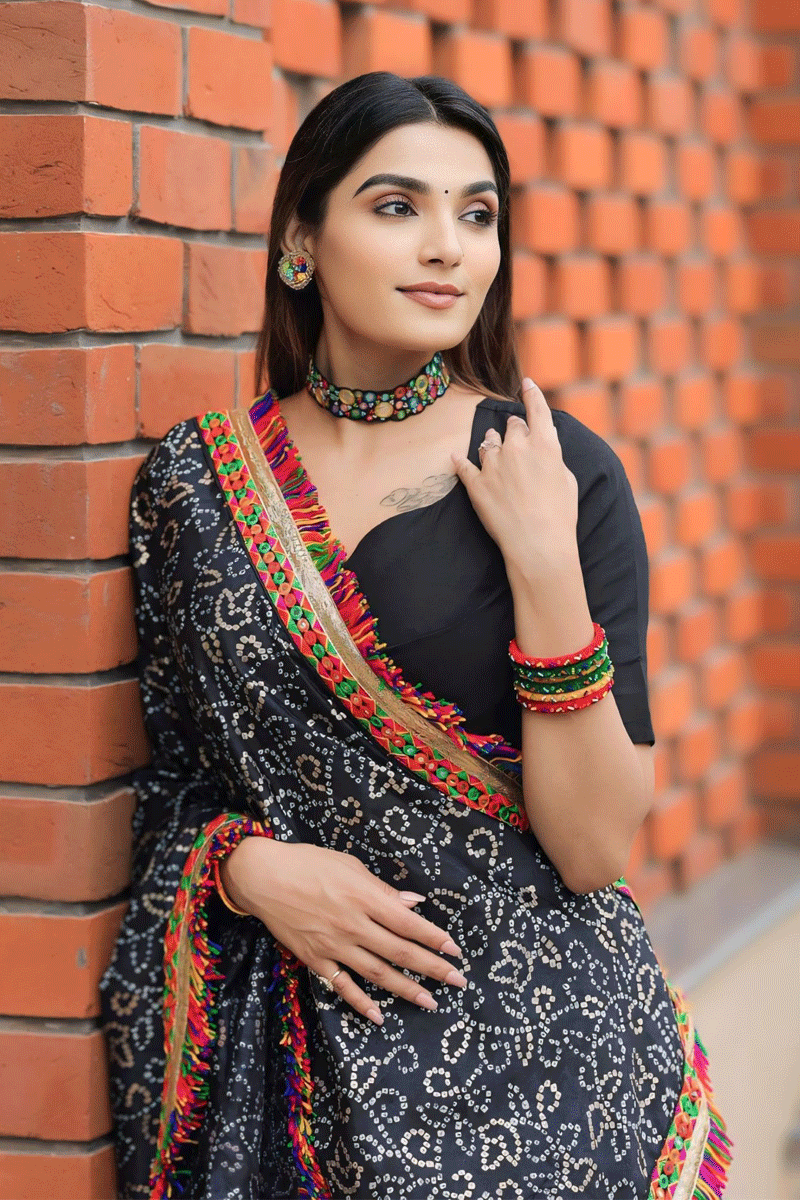 black lehenga with bandhani dupatta 