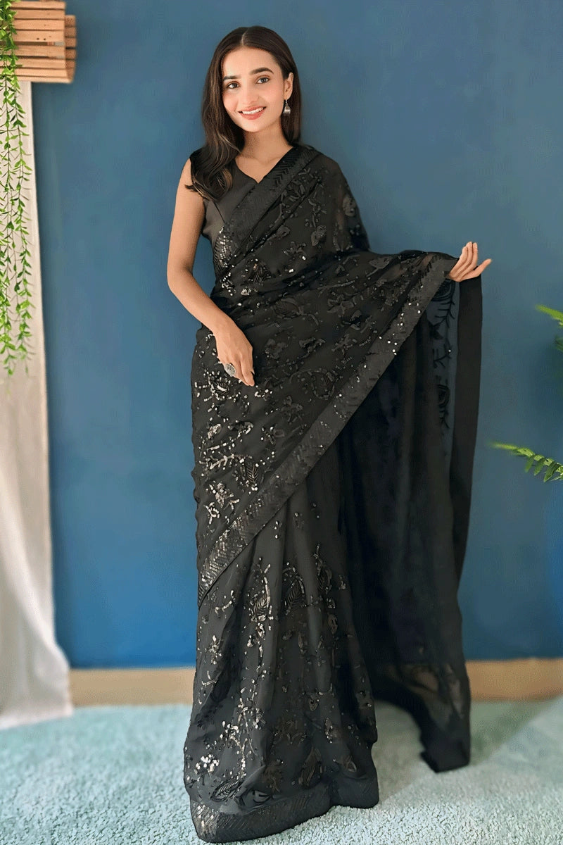 black sequence work saree