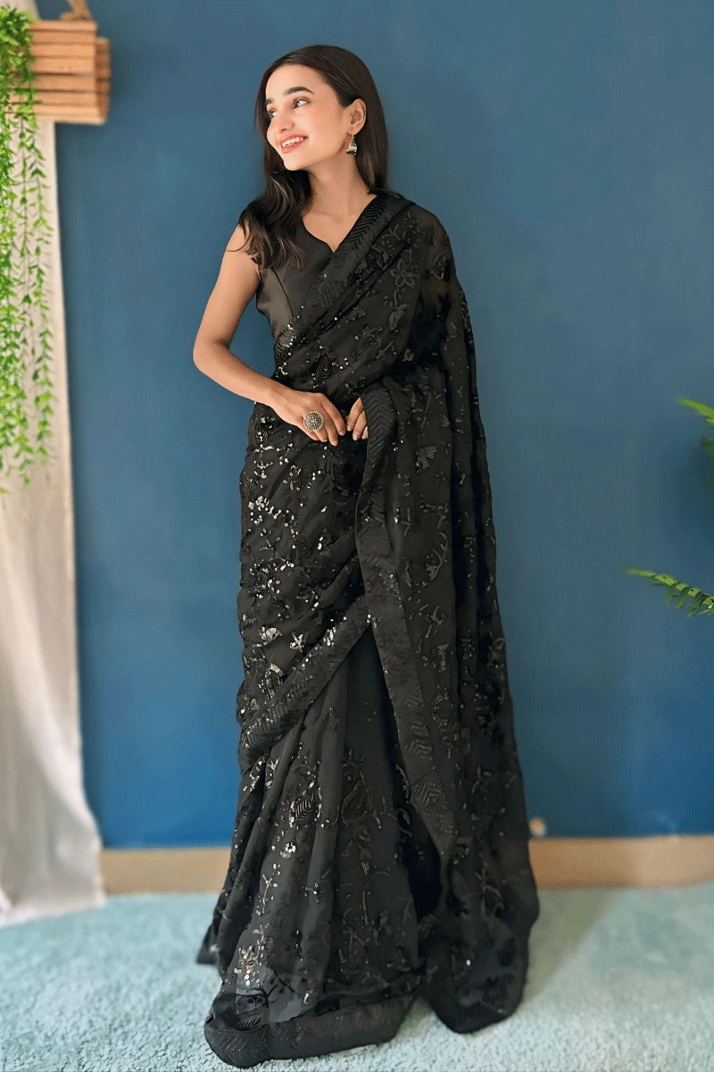 black sequence work saree