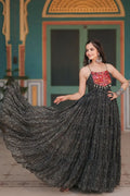 black and red bandhani long gown for women