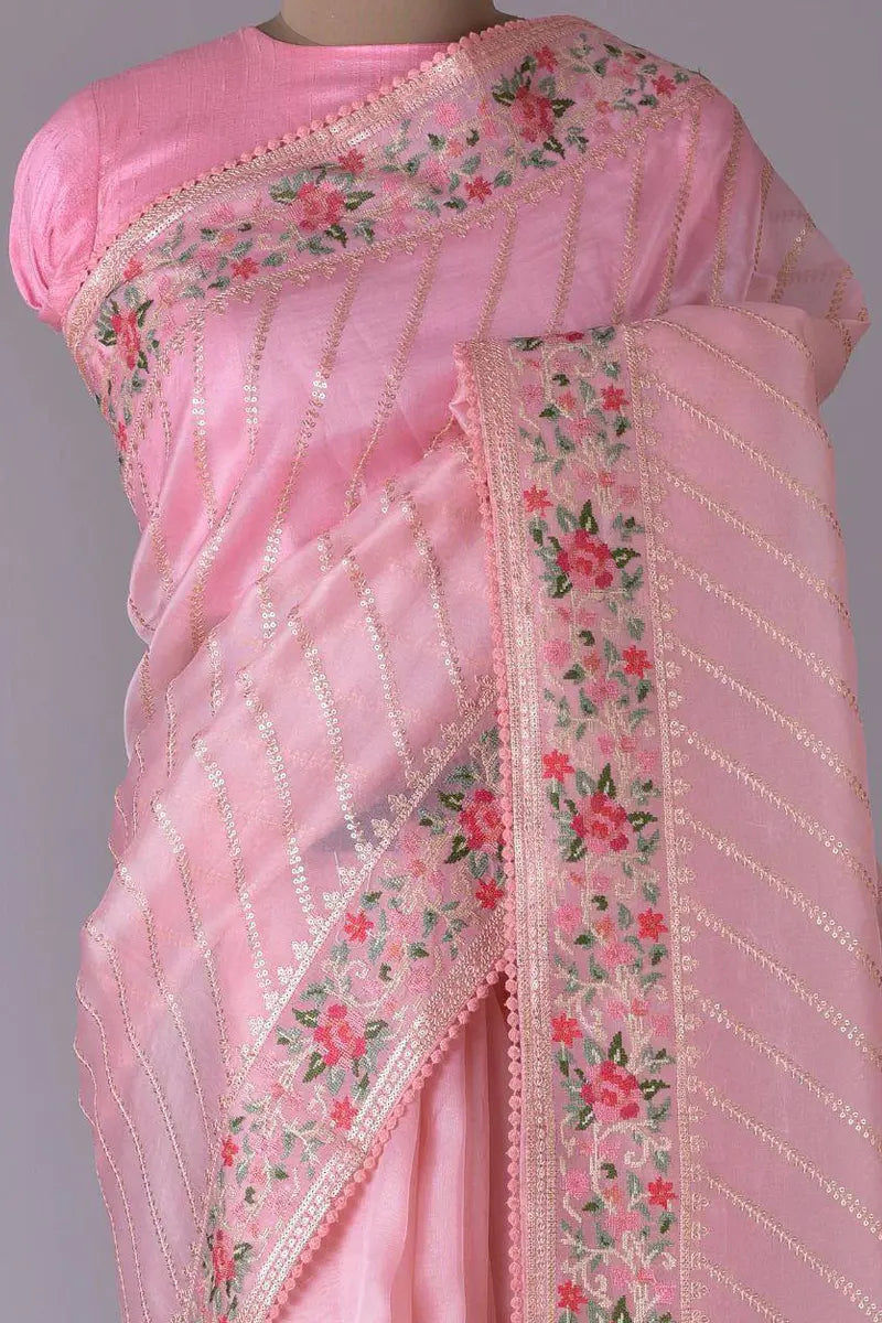 baby pink organza saree