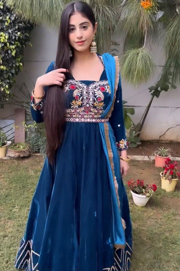 Beautiful Designer Blue Velvet Gown For Wedding 2023 - Anaya Designer Studio