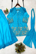 blue color jacket plazo for sangeet