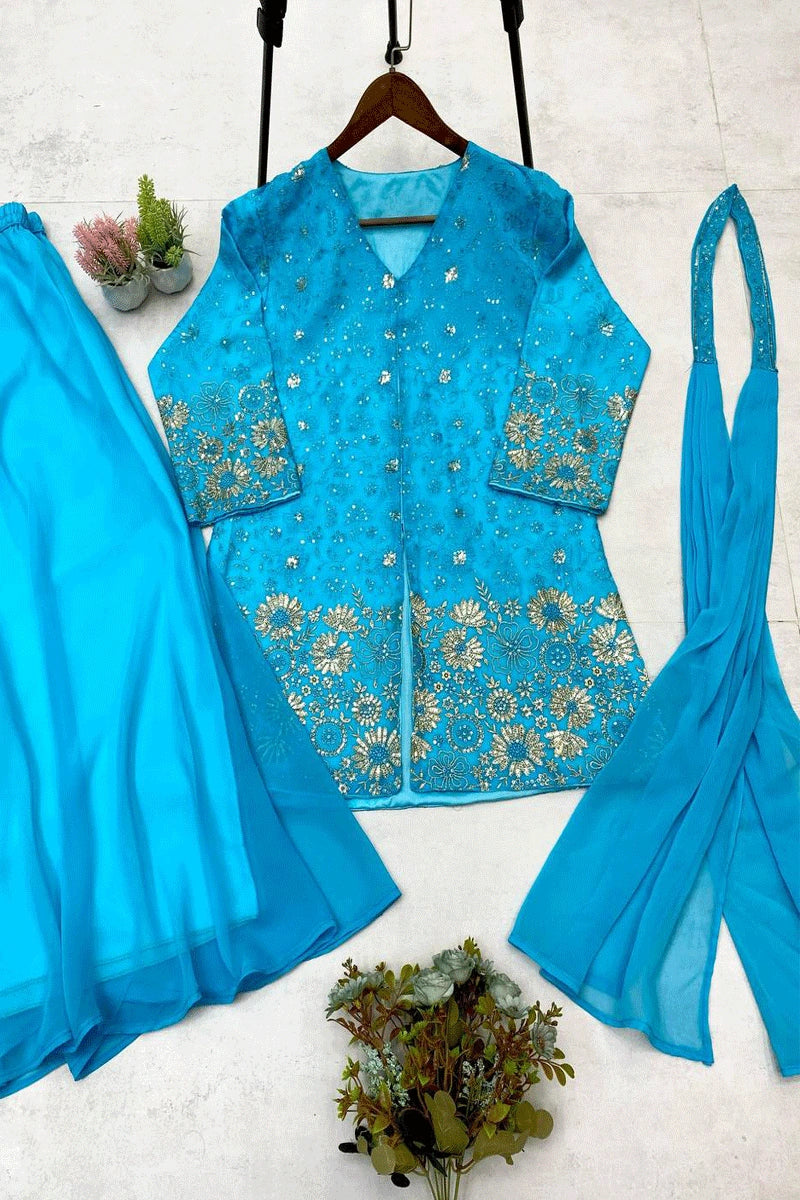 blue color jacket plazo for sangeet