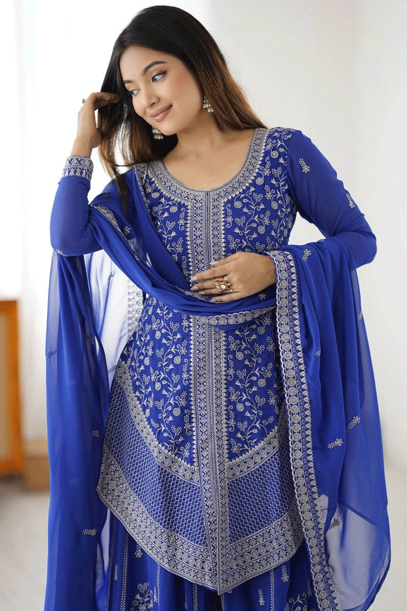 latest blue color palazzo suit for reception party