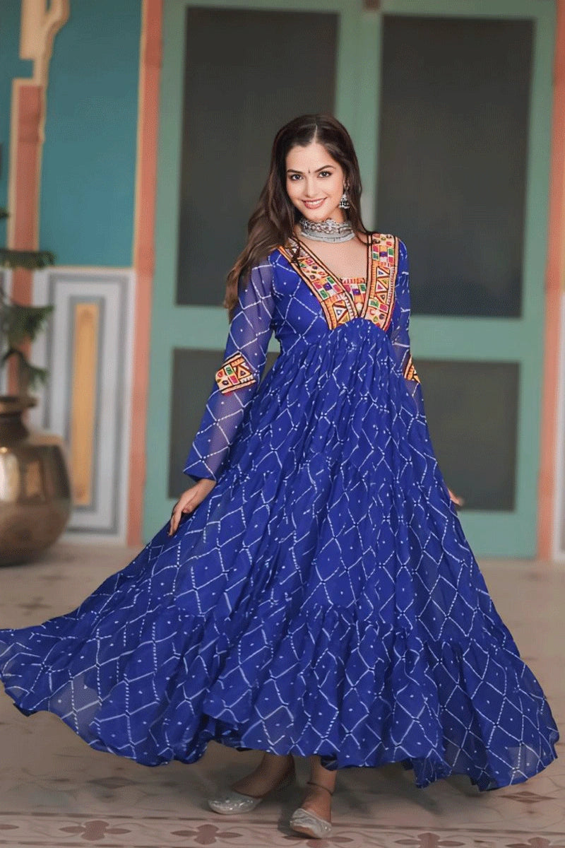 Blue Bandhani Print Long Flare Gown Online For Navratri