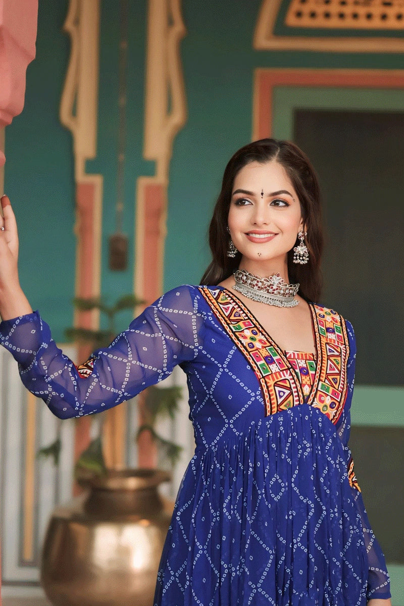 Blue Bandhani Print Long Flare Gown Online For Navratri
